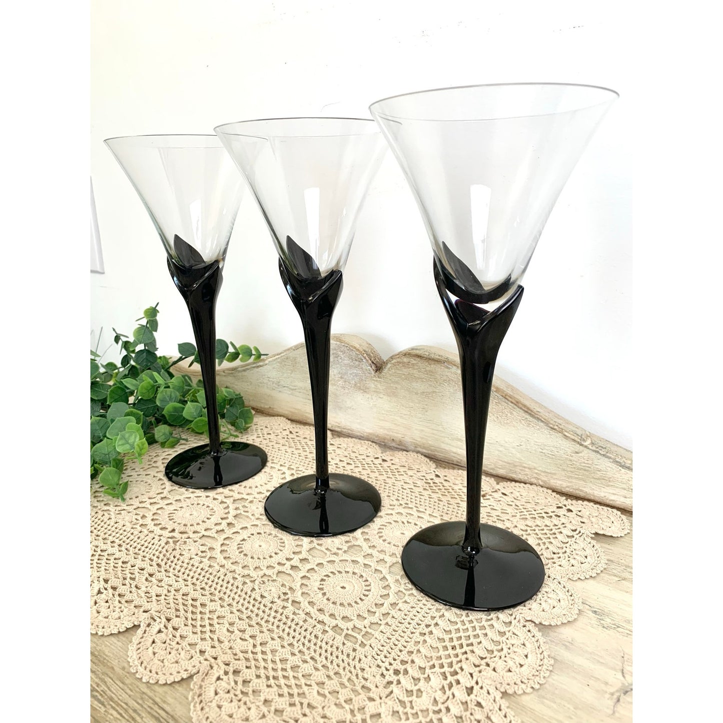 Vintage Mikasa Vogue Onyx Martini Glasses Set of 3 Black Stem Cocktail Glasses Barware Elegant