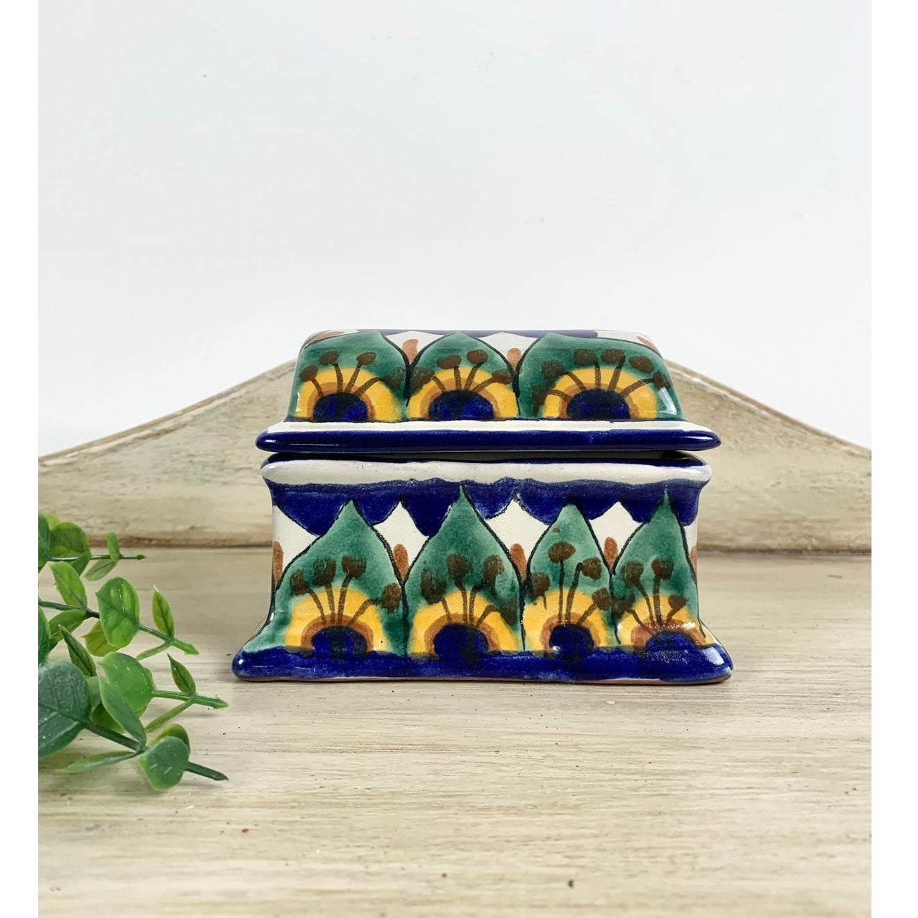 Vintage Mexican Talavera Style Ceramic Lidded Box Hand Painted Pottery Trinket Dish