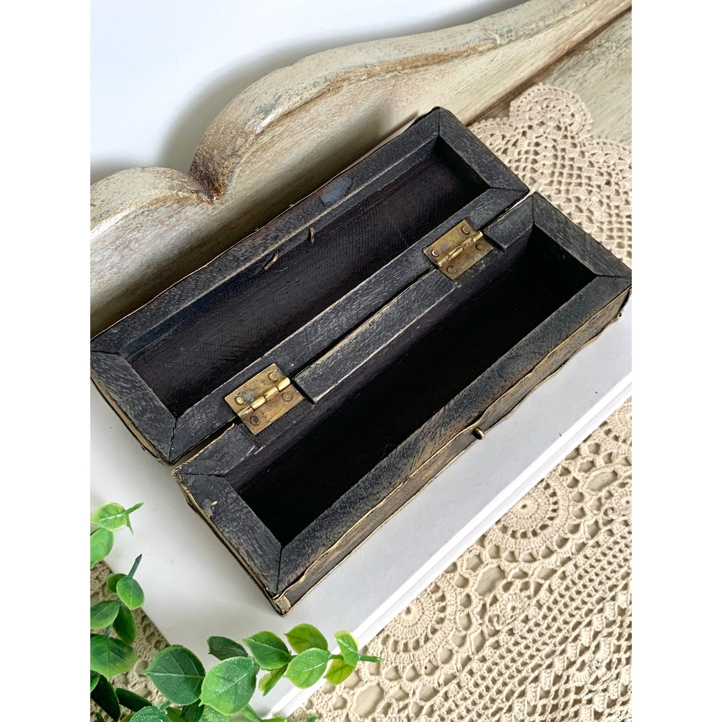 Vintage Brass Wood Trinket Box Floral Etched Hinged Jewelry Box Vanity Old World