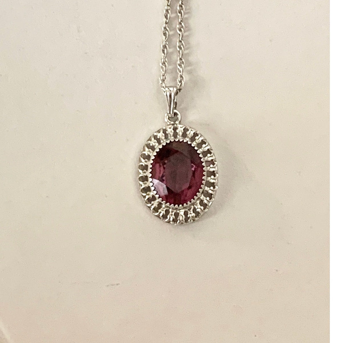 Vintage Sterling Silver Amethyst Purple Halo Pendant Necklace 25 Inch Chain