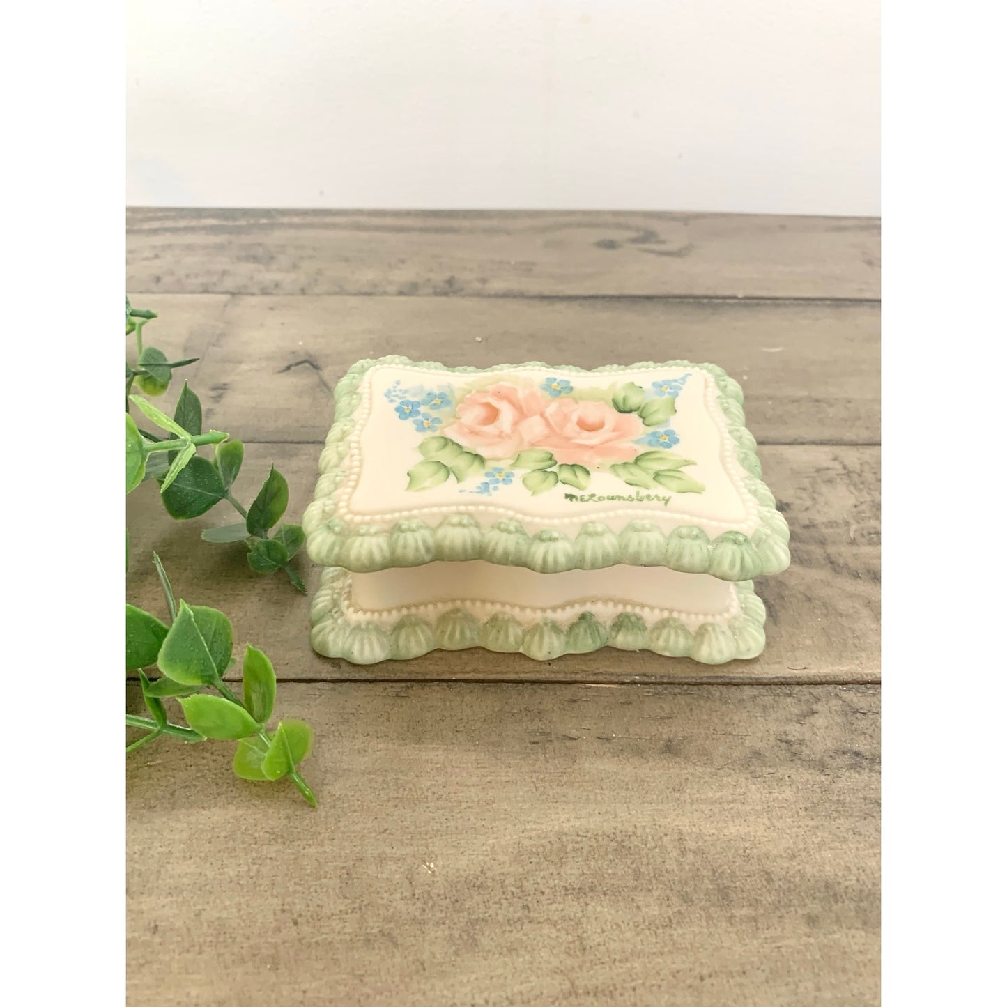 Vintage Hand-Painted Porcelain Trinket Box 1983 Shabby Cottage Pastel Floral Jewelry Box