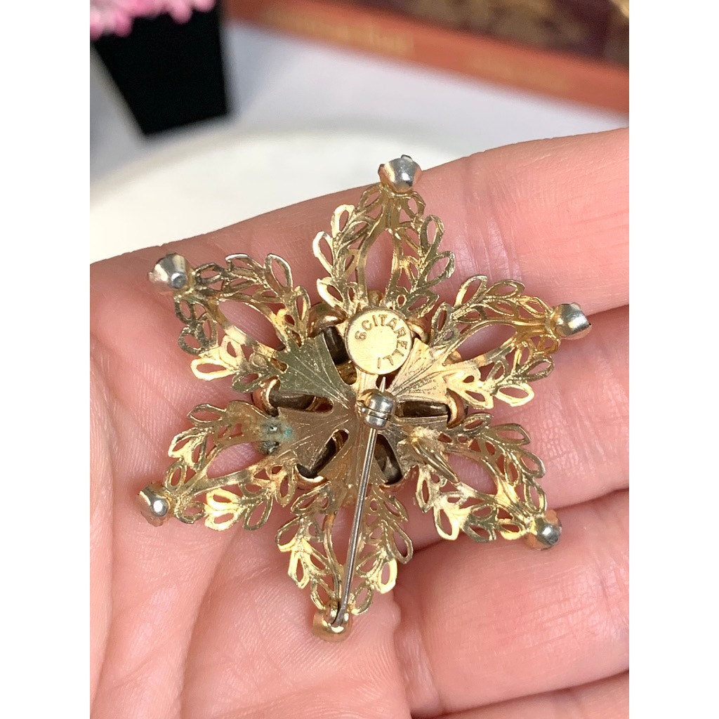 Vintage Scitarelli Pink Rhinestone Starburst Brooch Pendant Gold Tone Filigree Mid Century