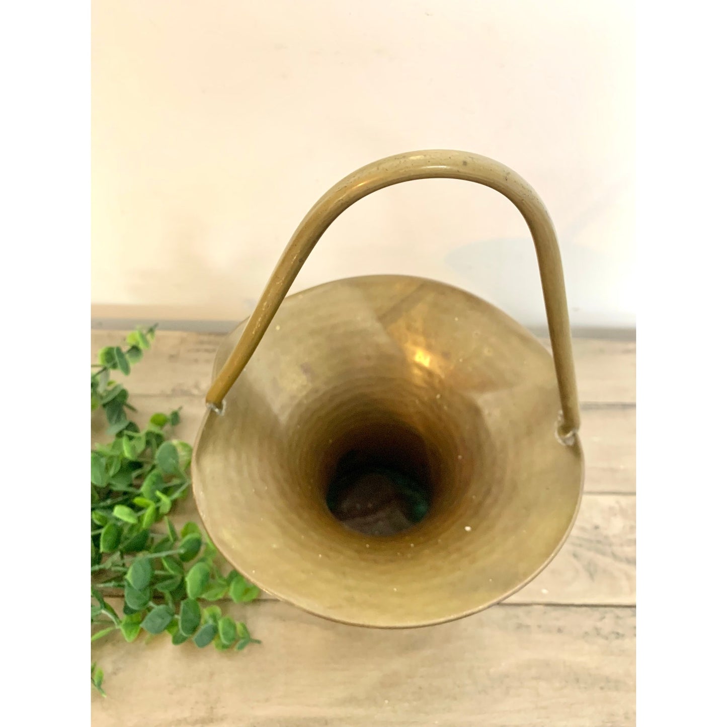 Vintage Hammered Brass Basket Vase Planter Mid Century Patina Brass Vessel