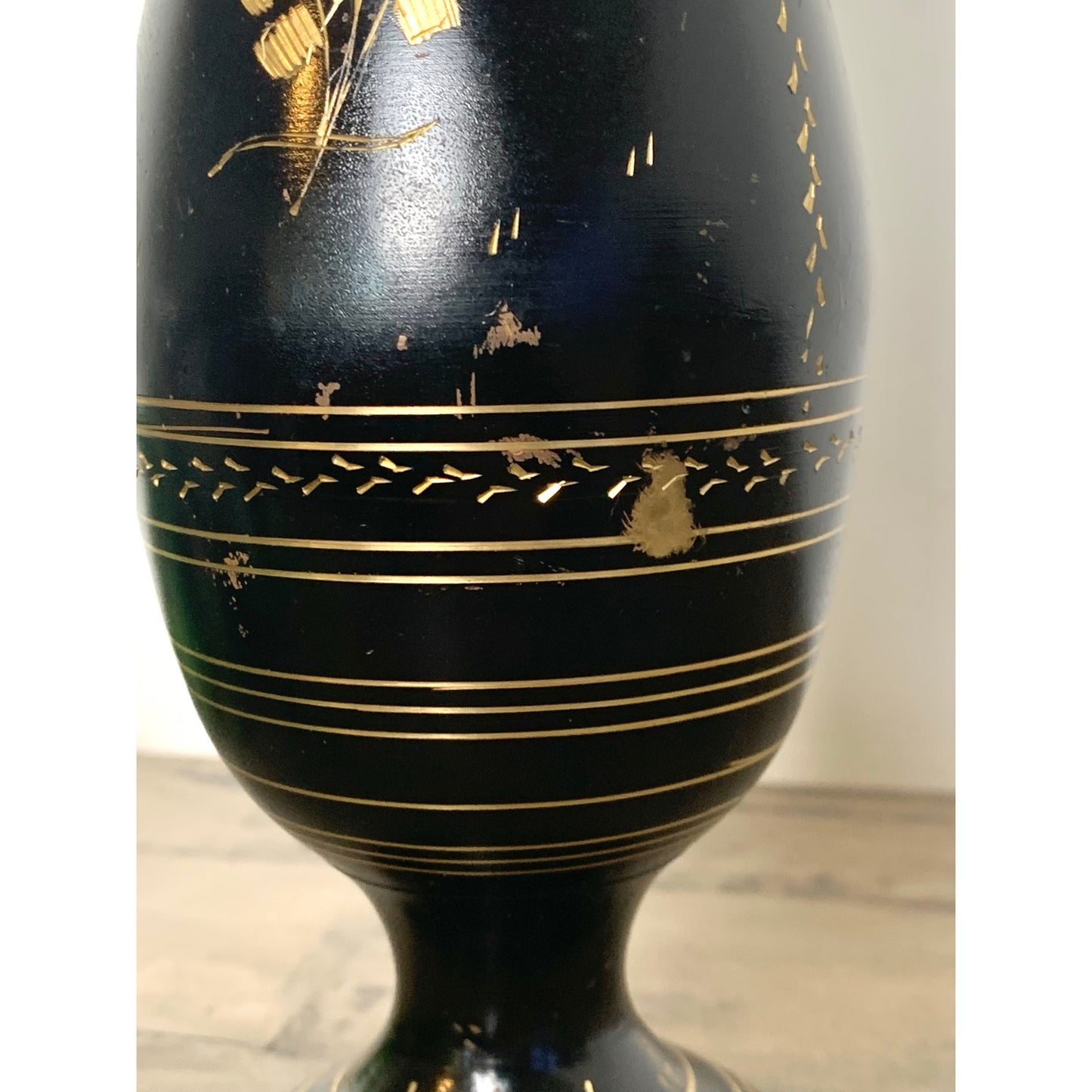 Vintage Black and Gold Etched Brass Metal Floral Pedestal Vase Boho Glam Moody