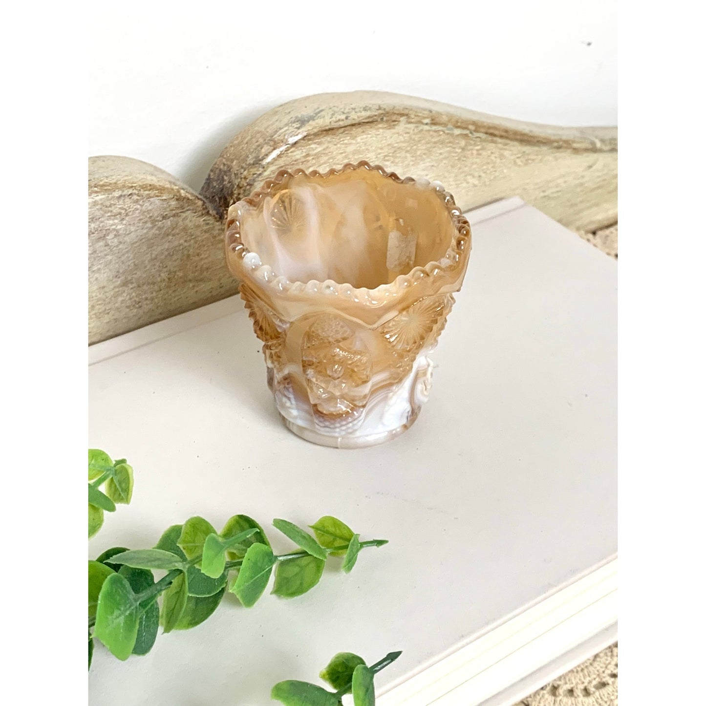 Vintage Imperial Slag Glass Toothpick Holder Caramel White Marbled Match Holder Votive