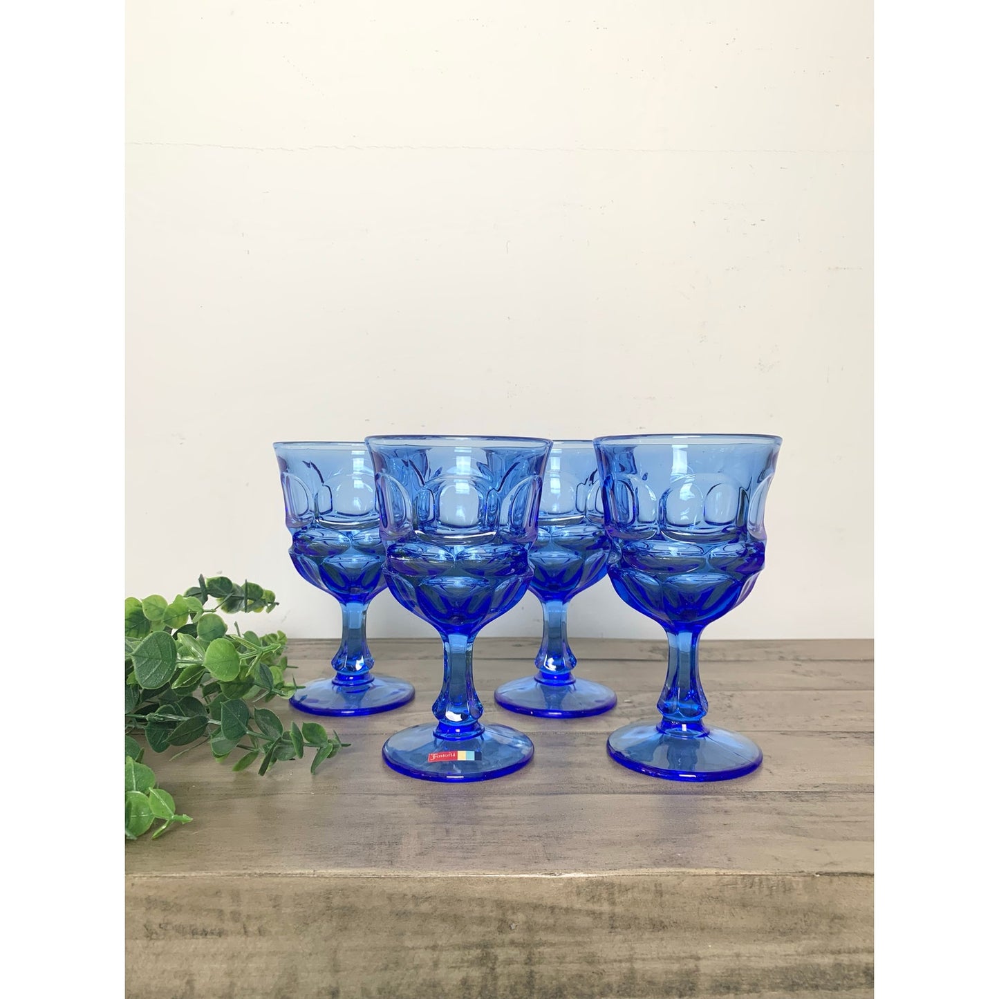 Vintage Fostoria Argus Blue Water Goblets Stem Mid Century Glassware Retro Set 4