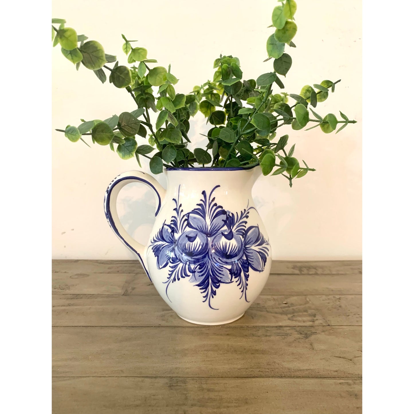 Vintage Blue & White Floral Pitcher Hand Painted Portugal Ceramic Vase Cottage