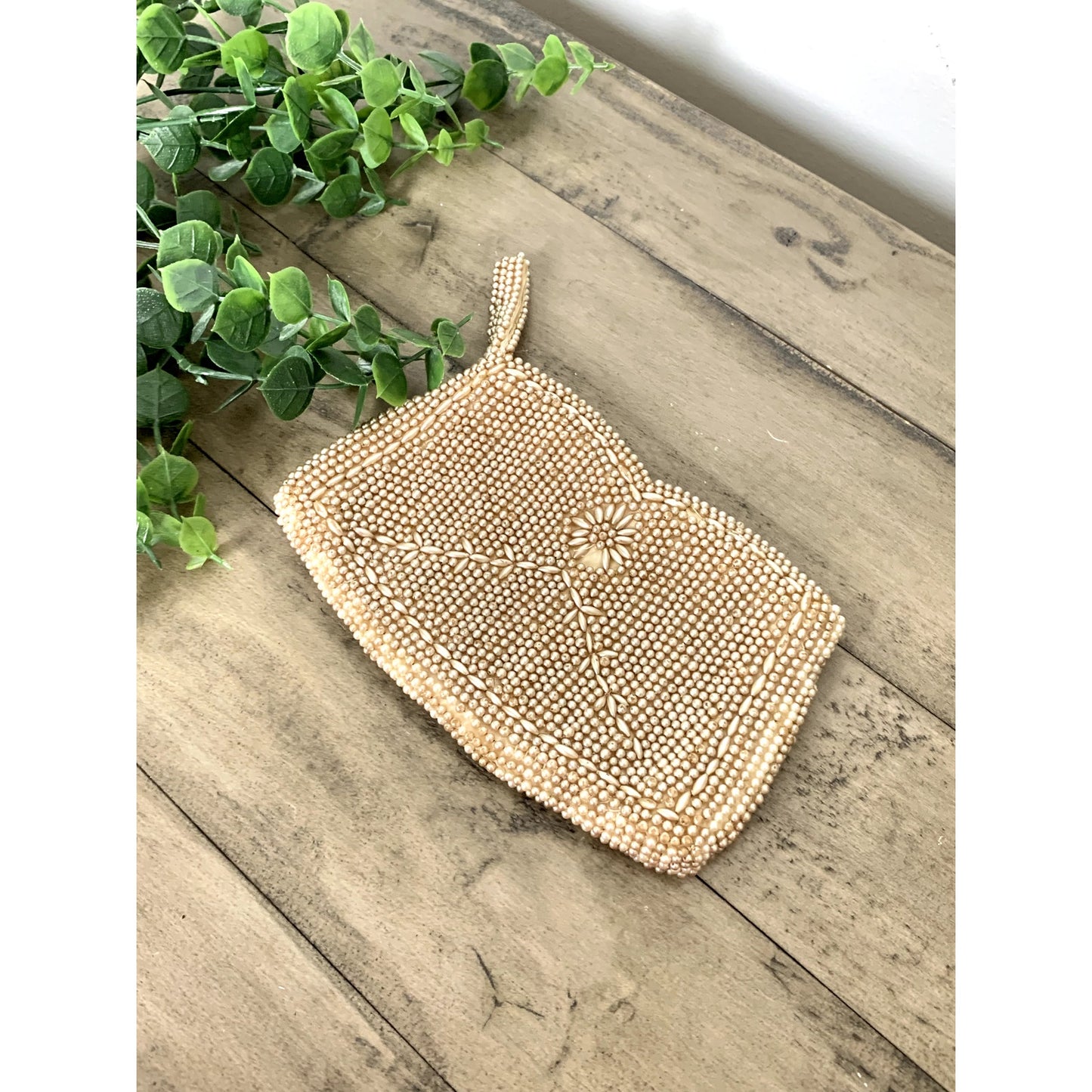 Vintage Beaded Faux Pearl Evening Bag Wristlet Clutch Purse Romantic Glam Boho