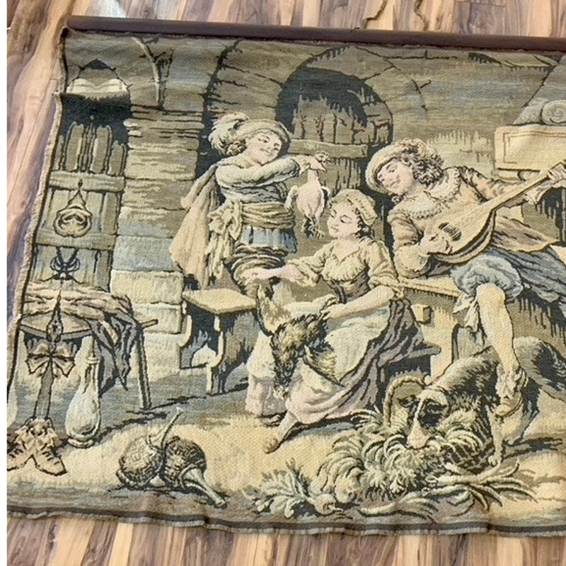 Antique French Renaissance Revival Tapestry Wall Hanging Romantic Courtship Scene
