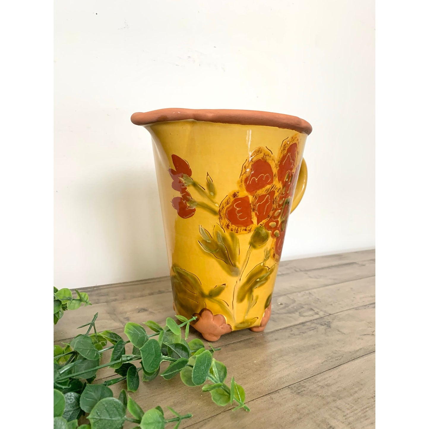 Vintage Tapestry by Nanette Vacher Floral Pitcher Pottery Vase Hand Painted Terracotta