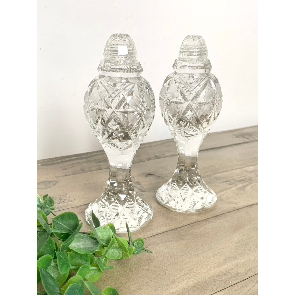 Vintage Cut Crystal Salt & Pepper Shakers Faceted Pedestal Pair with Starburst Pattern