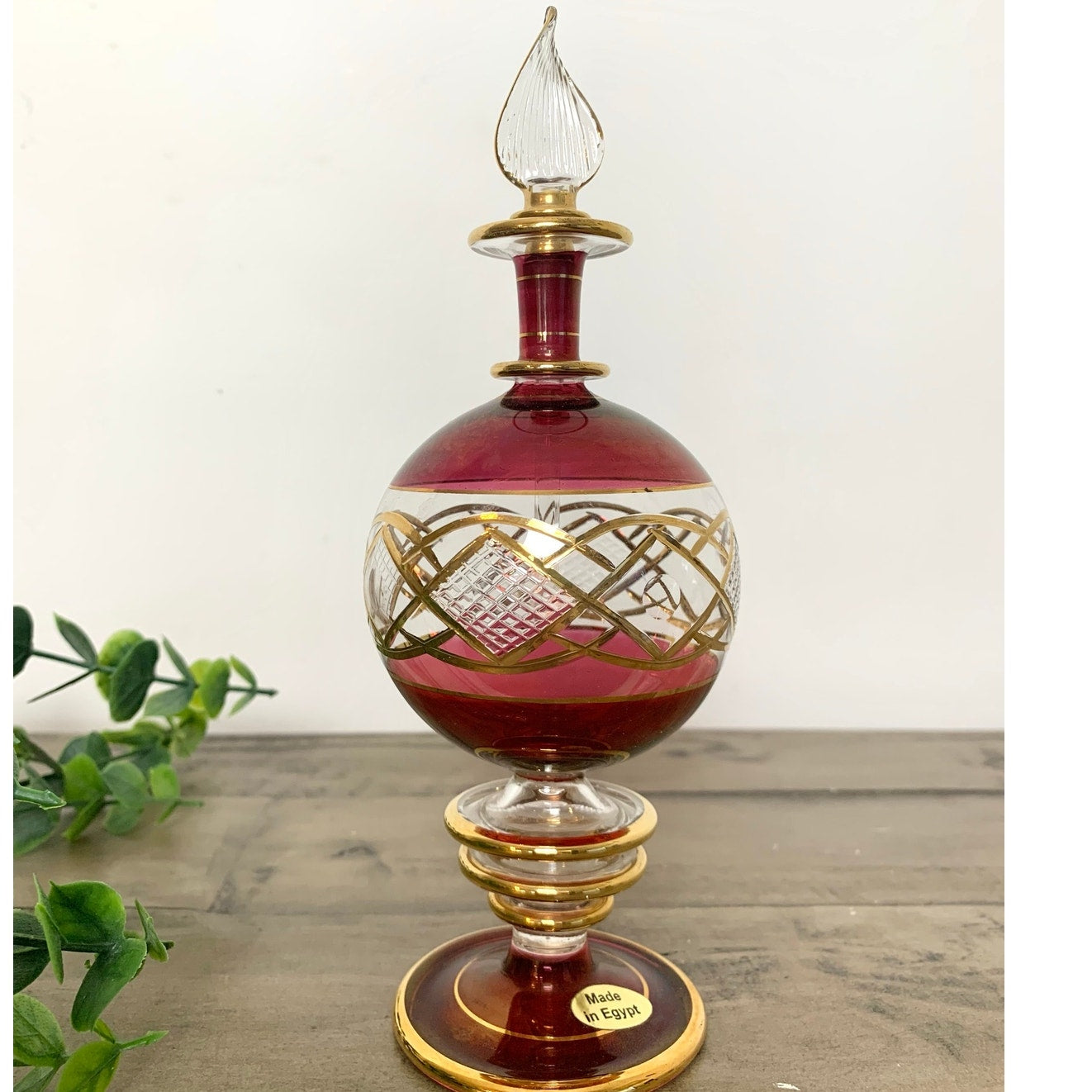 Vintage Egyptian Ruby Red Gold Hand Blown Glass Perfume Bottle Vanity Regency