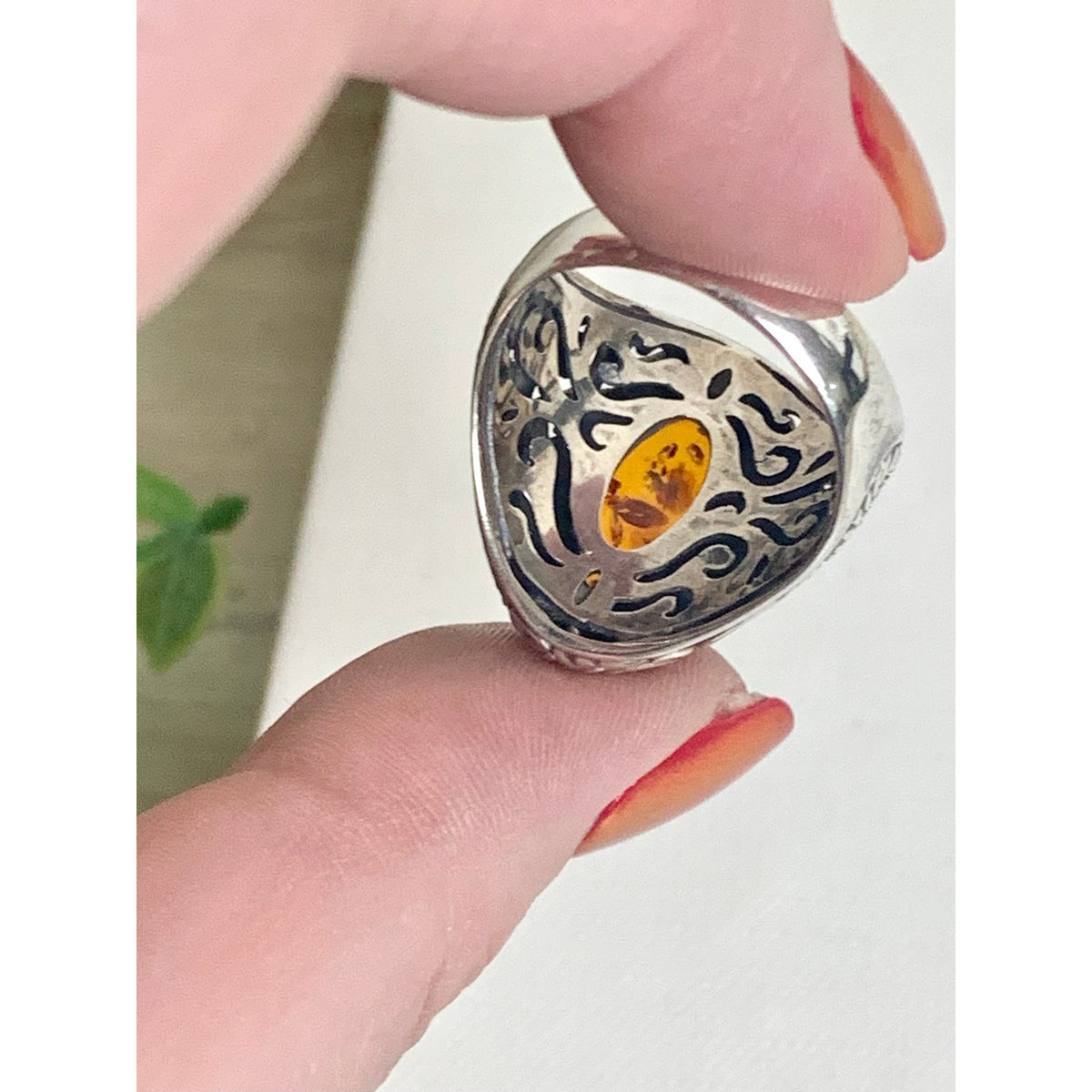 Vintage Sterling Silver Amber Ring Ornate Filigree Statement Jewelry 925 Boho Southwestern
