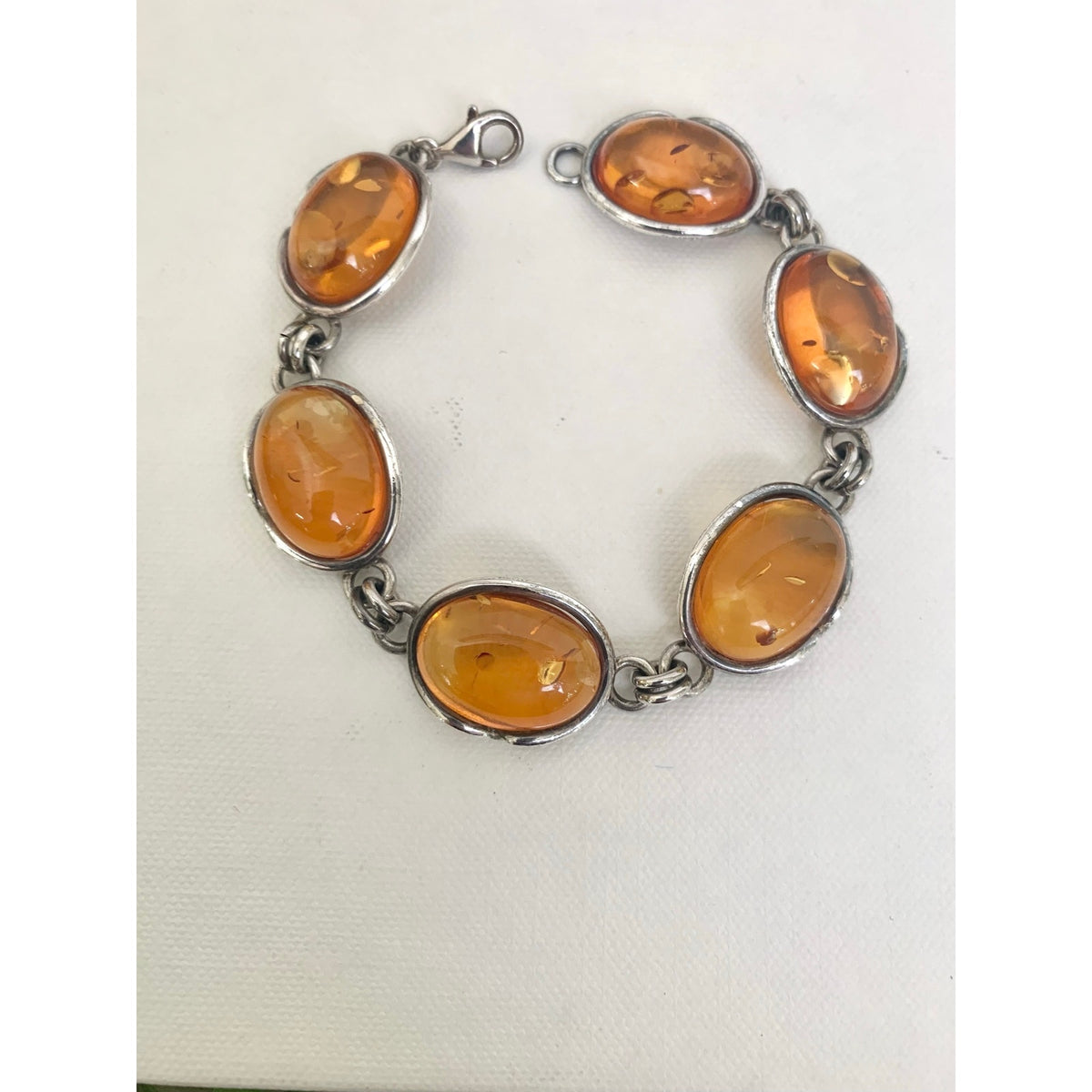 Vintage 925 Sterling Silver Amber Bracelet Six Stone Oval Link Jewelry Boho Southwestern