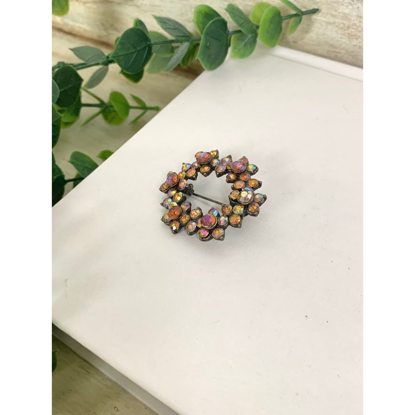 Vintage Aurora Borealis Rhinestone Wreath Brooch Statement Pin Mid Century Glam