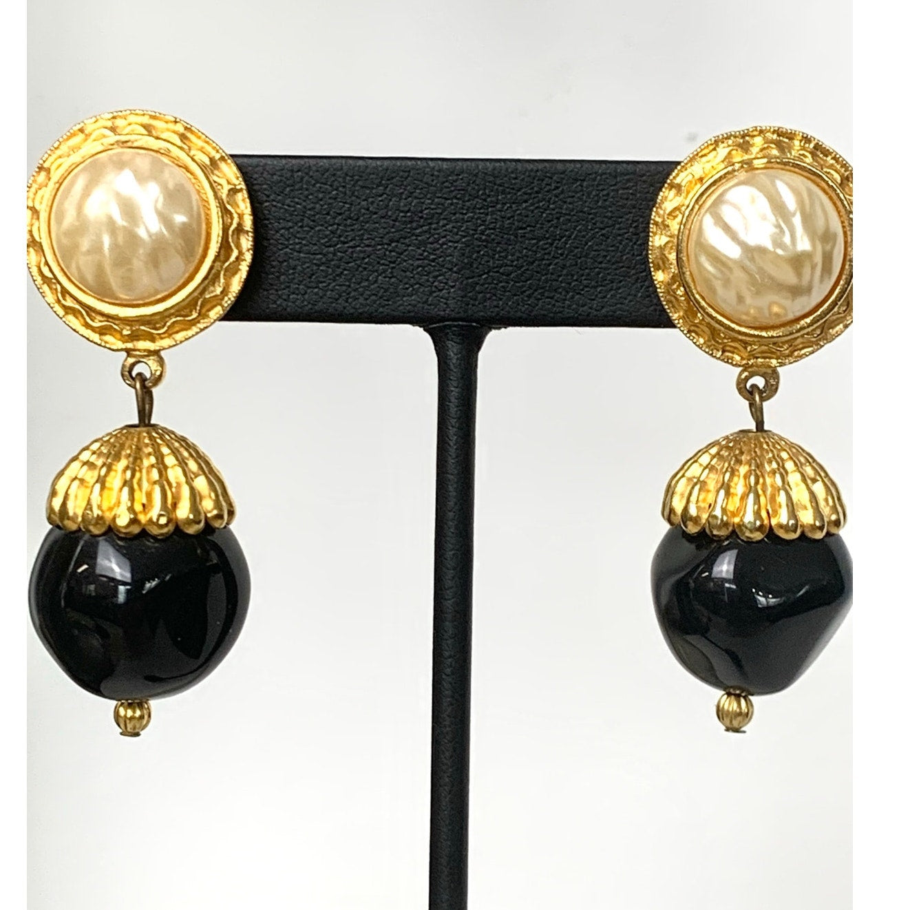 Vintage Faux Pearl Black Bead Goldtone Dangle Earrings Classic Statement