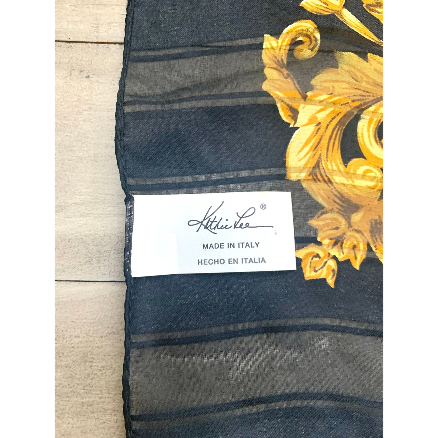 Vintage Kathie Lee Italy Scarf Baroque Leopard Print Black Gold Sheer Square Glam