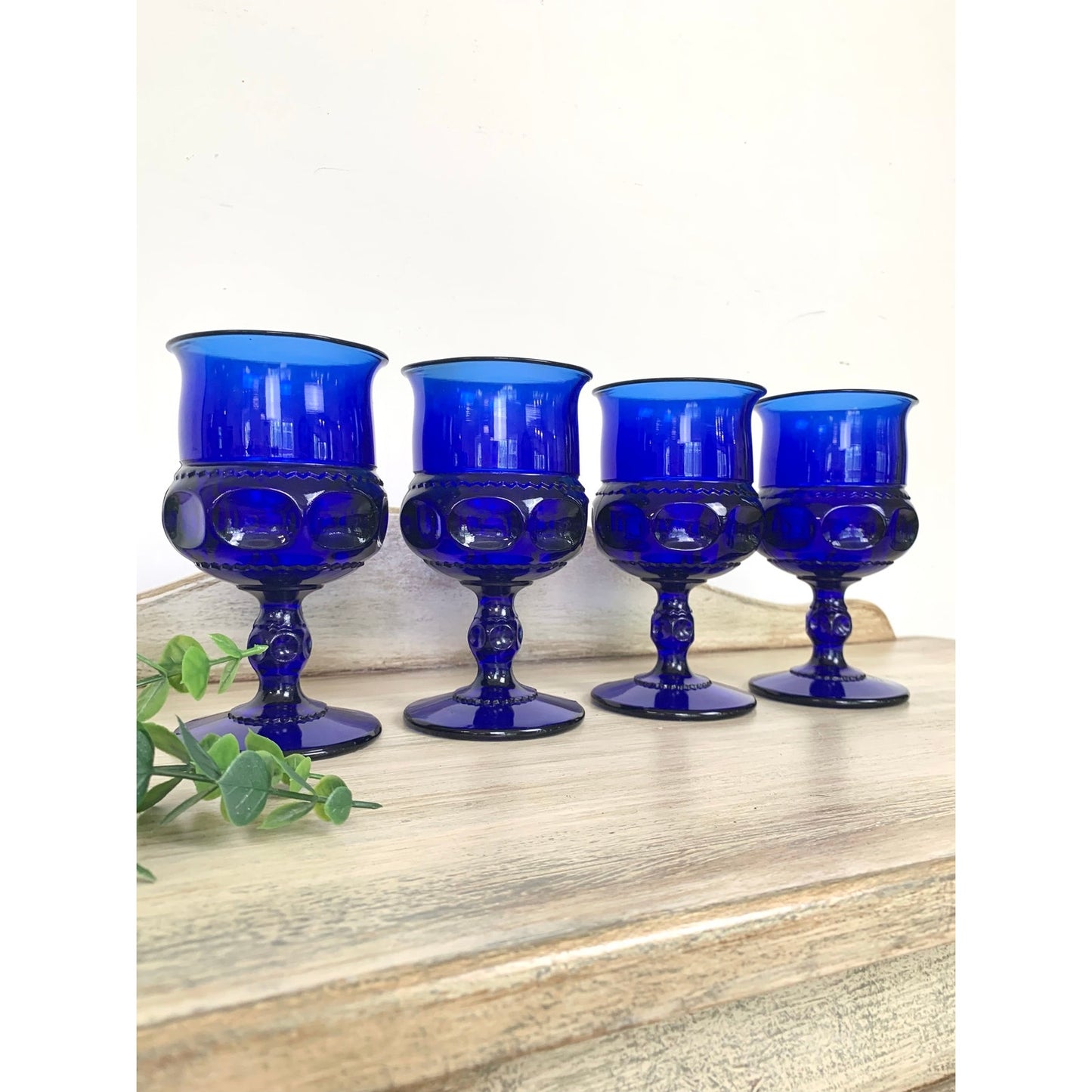 Vintage Indiana Glass Kings Crown Cobalt Blue Goblets Set of 4 Wine Glasses Mid Century