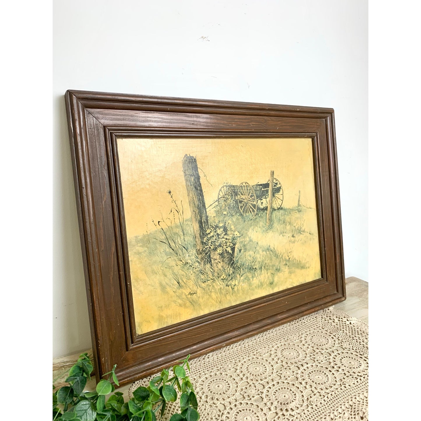 Vintage Daisy Wagon Landscape Print Rustic Farmhouse Wall Art Framed Country Cottage