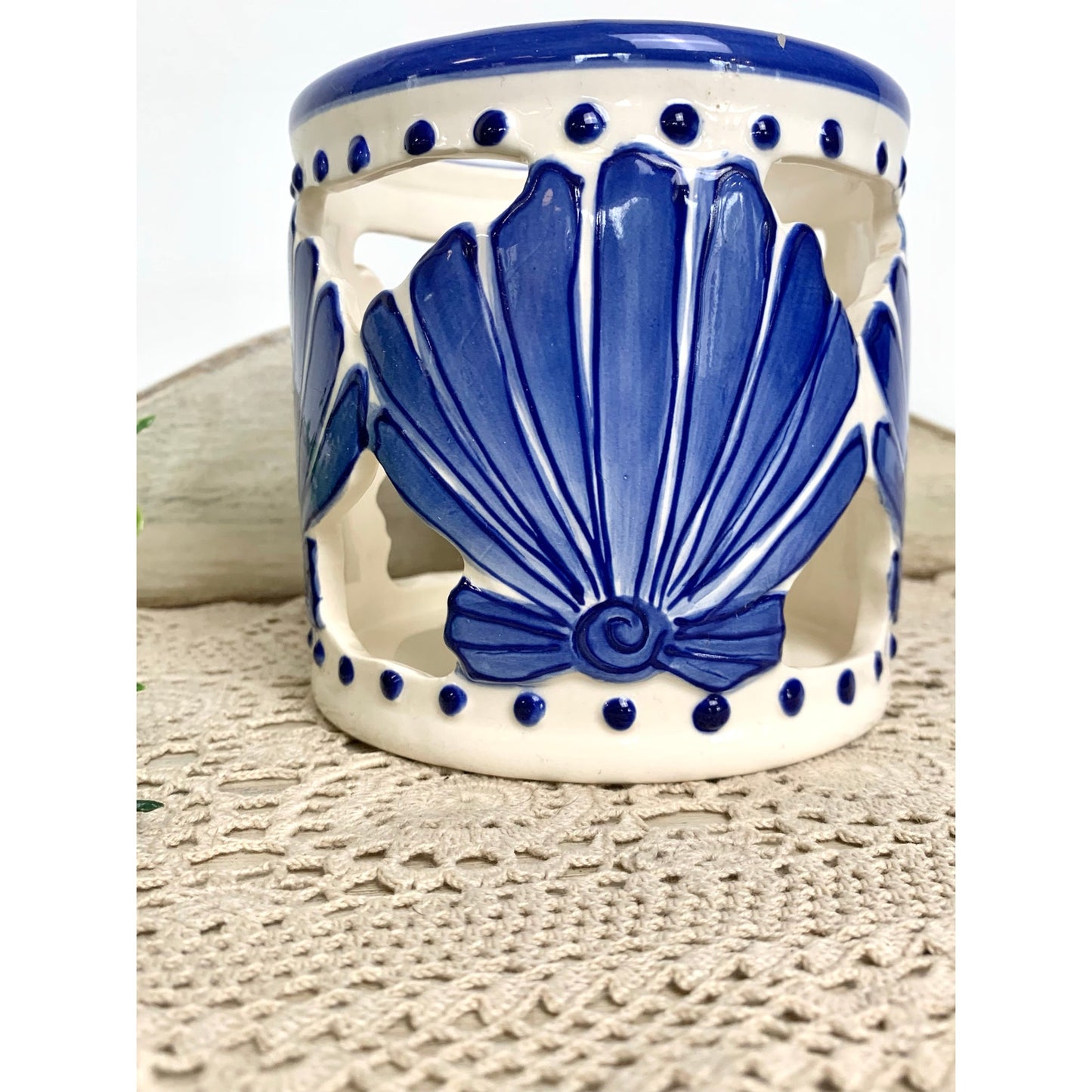 Vintage Blue and White Coastal Shell Candle Holder Ceramic Cutout Beach Votive