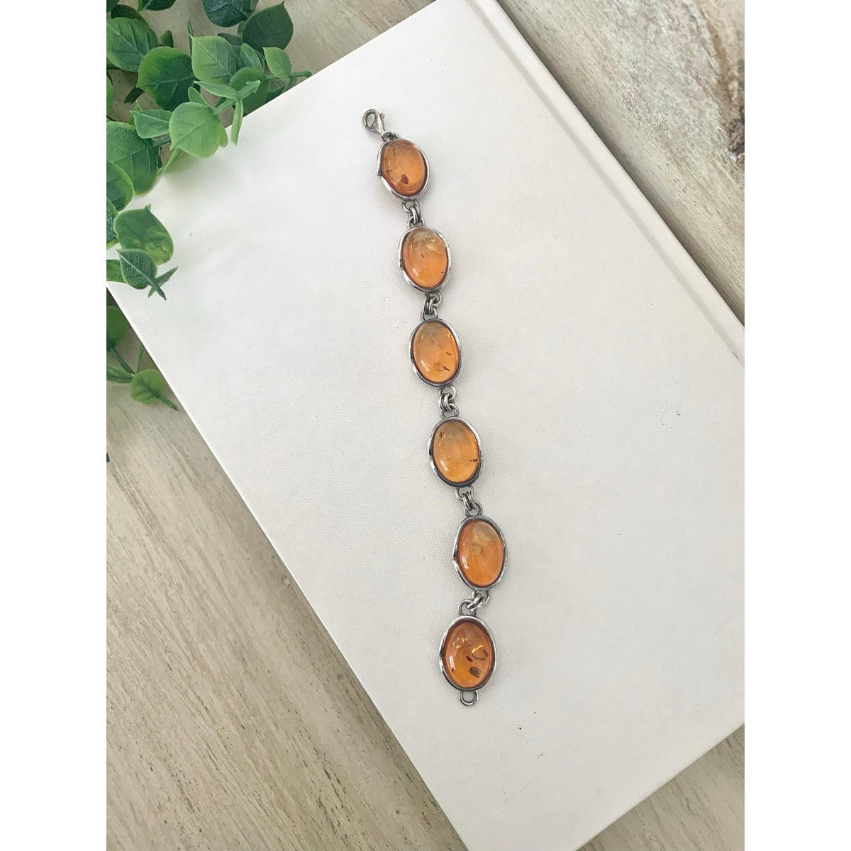 Vintage 925 Sterling Silver Amber Bracelet Six Stone Oval Link Jewelry Boho Southwestern