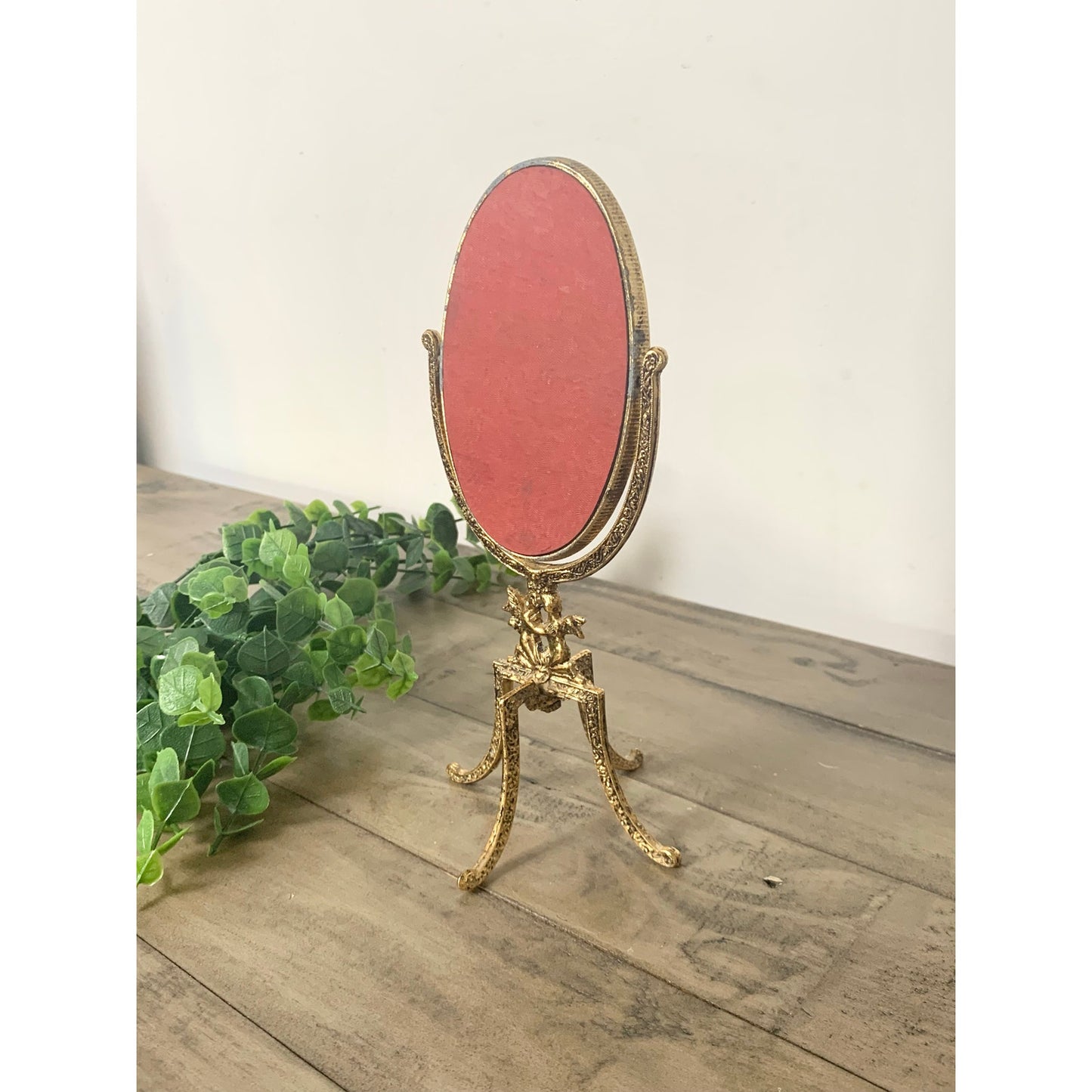 Vintage Gold Metal Tabletop Vanity Mirror Ornate Cherub Hollywood Regency Gilt