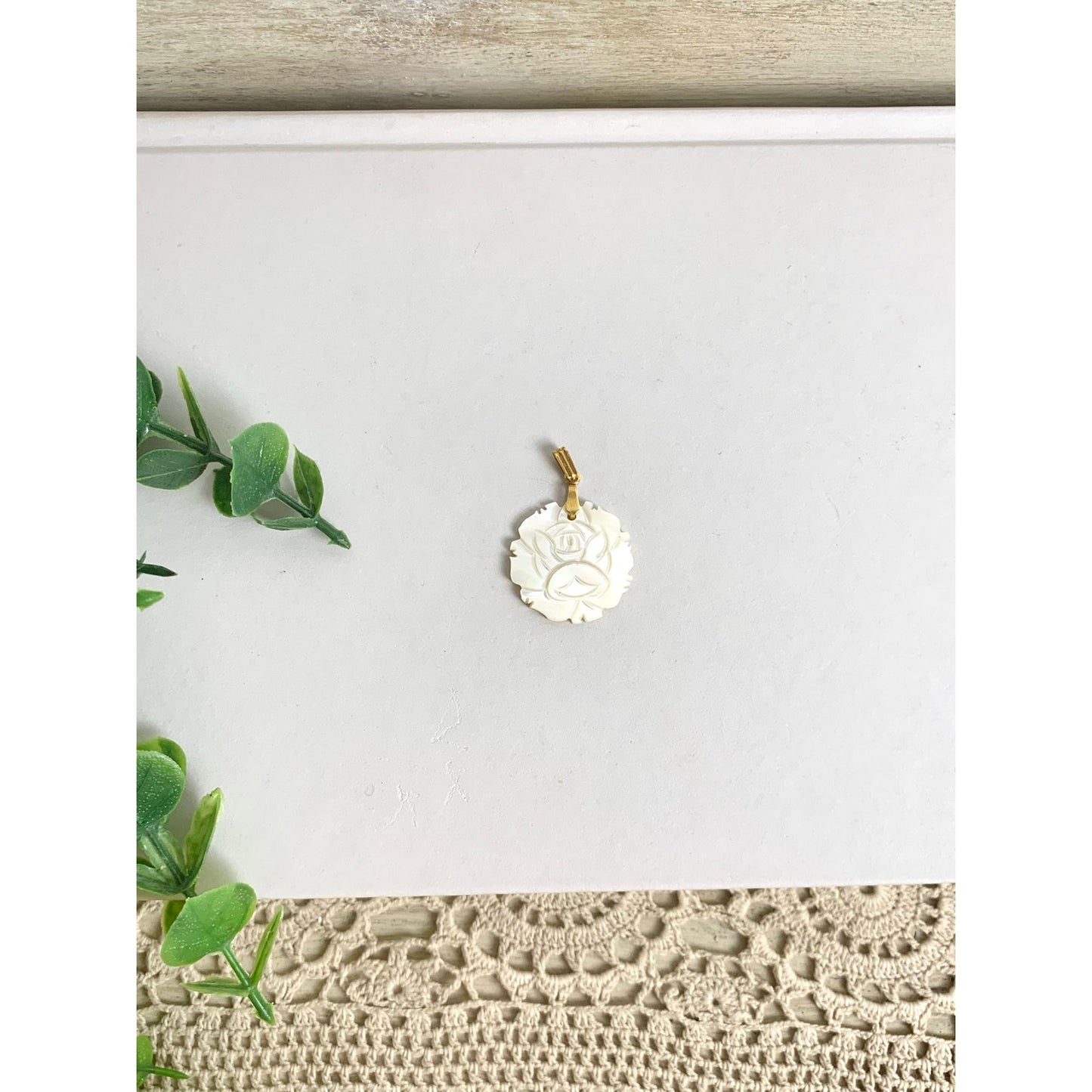 Vintage Mother of Pearl Flower Pendant Gold Tone Bale Carved Shell Charm Rose