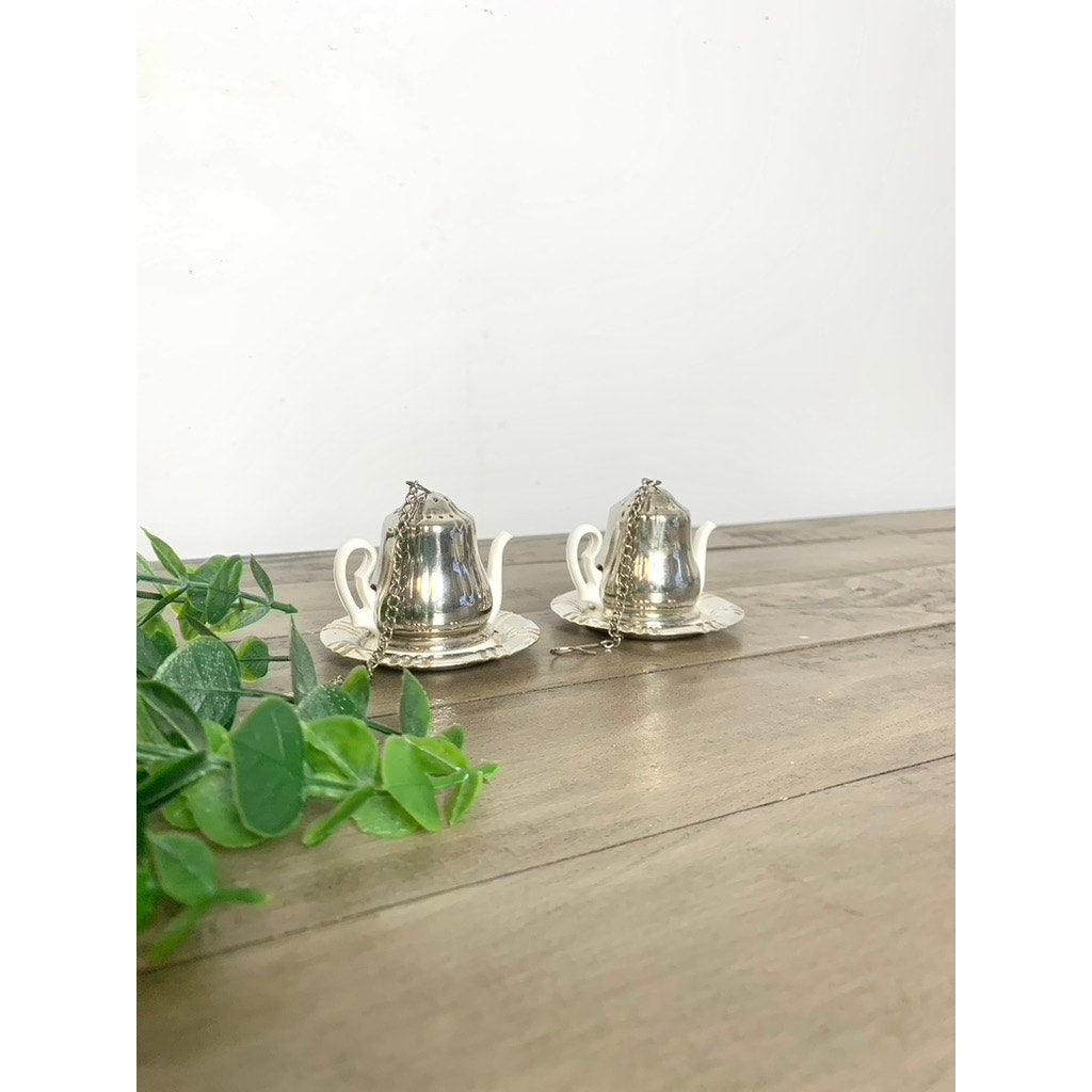 Vintage Silverplate Tea Infuser Set Mini Teapot Tea Strainers with Drip Trays