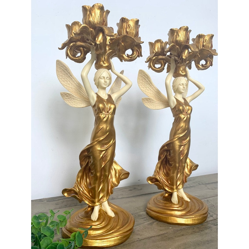 Vintage Art Nouveau Style Winged Women Candelabra Pair Gold Figural Fairy Candle