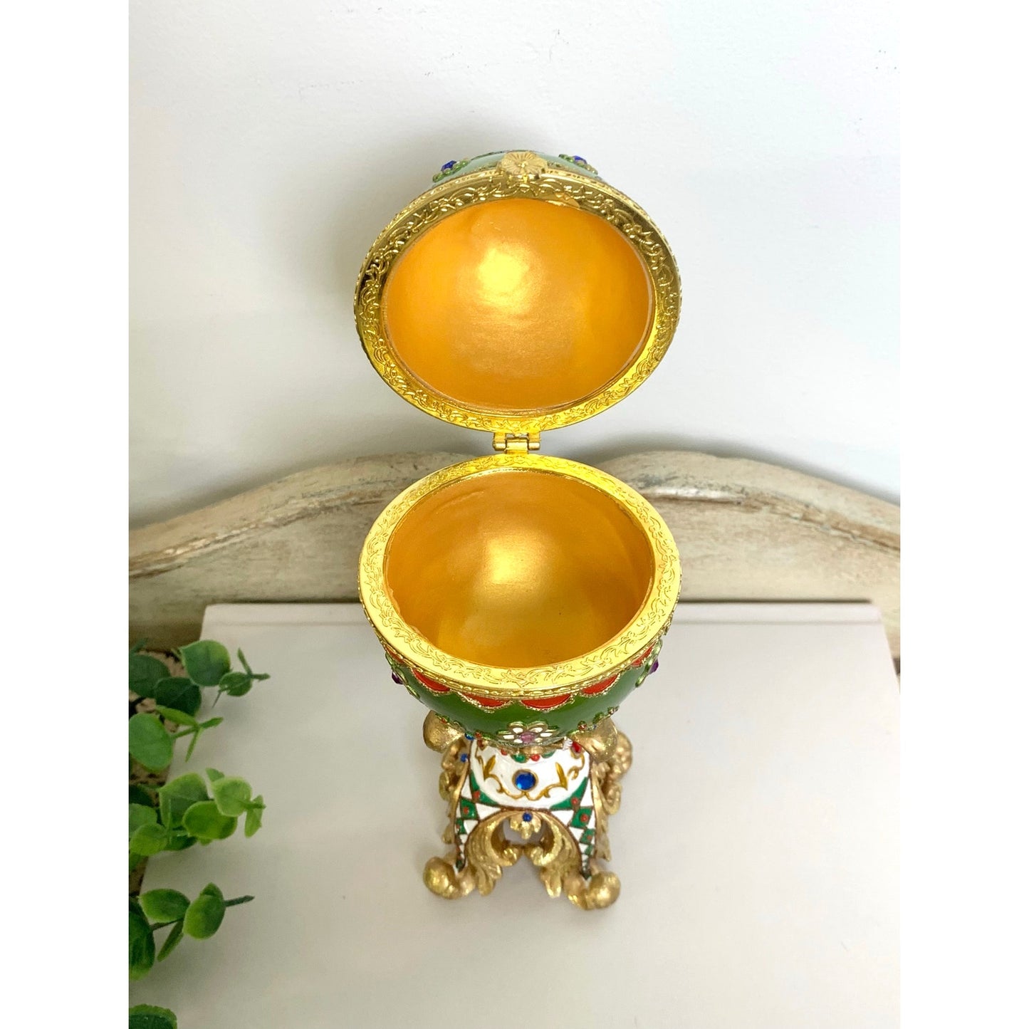 Vintage Faberge Style Green Enamel Egg Trinket Box Jeweled Pedestal Jewelry Box