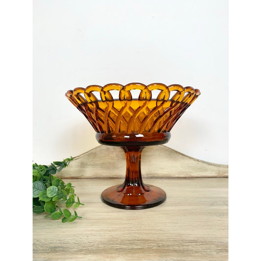 Vintage Amber Glass Pedestal Bowl Fruit Compote Open Lattice Cottagecore Retro Boho