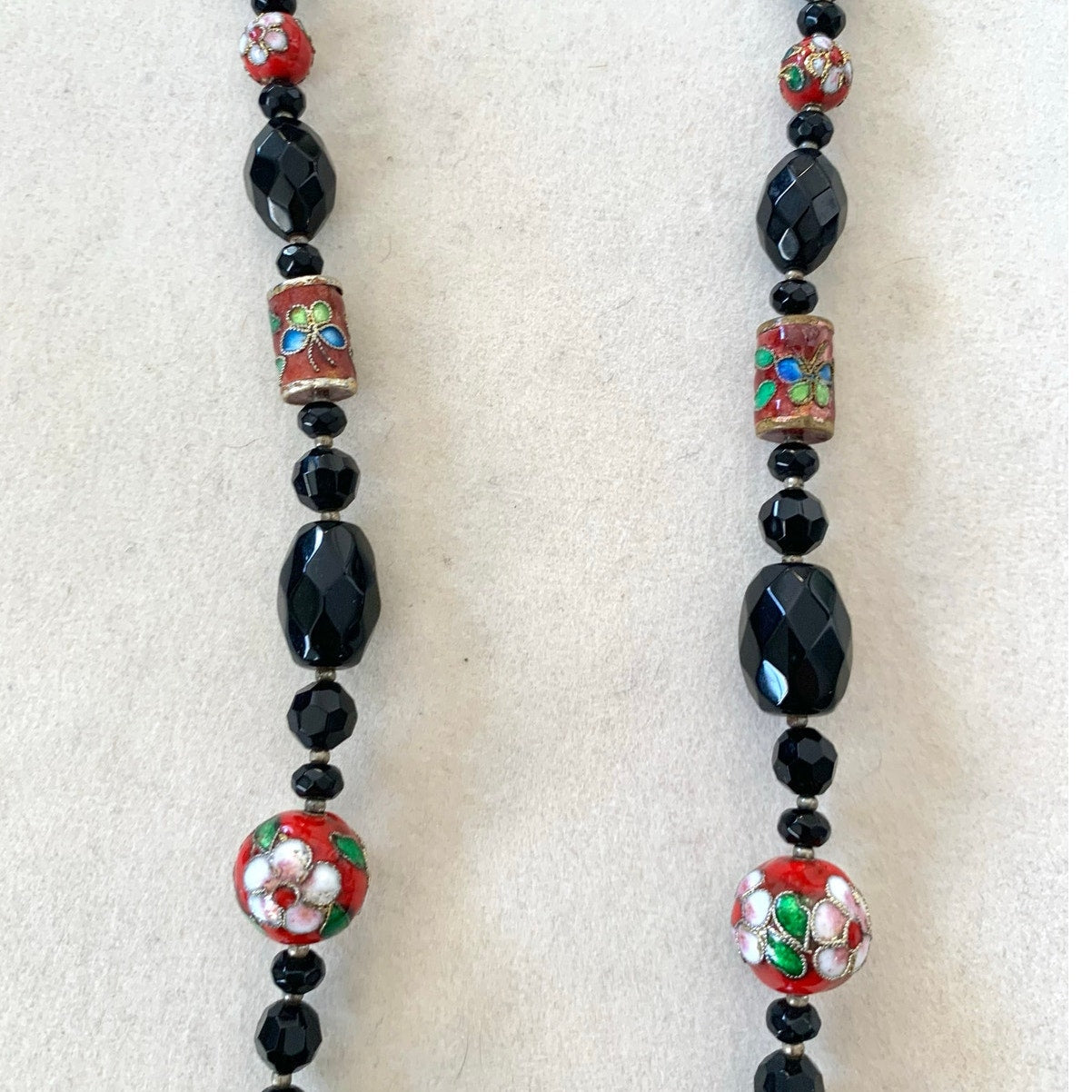 Vintage Cloisonne Beaded Necklace Black Faceted Glass Floral Red Enamel Statement