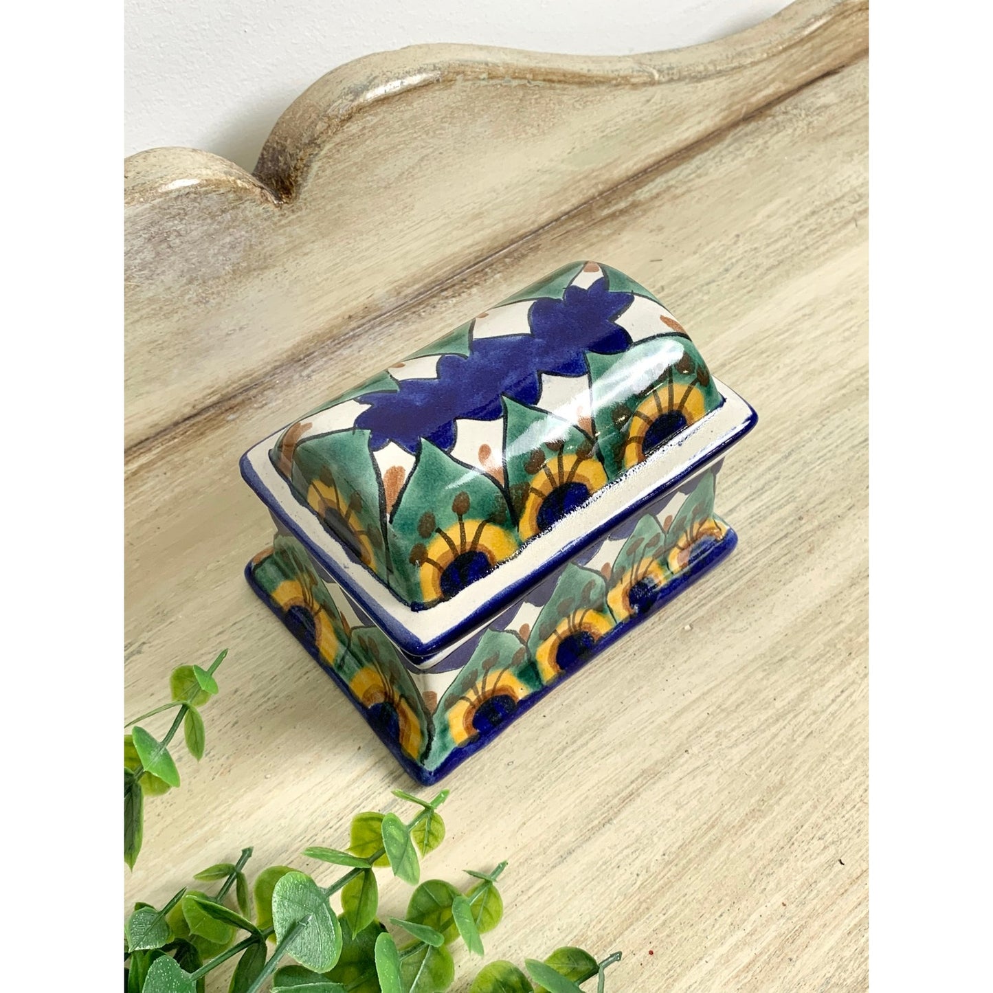 Vintage Mexican Talavera Style Ceramic Lidded Box Hand Painted Pottery Trinket Dish