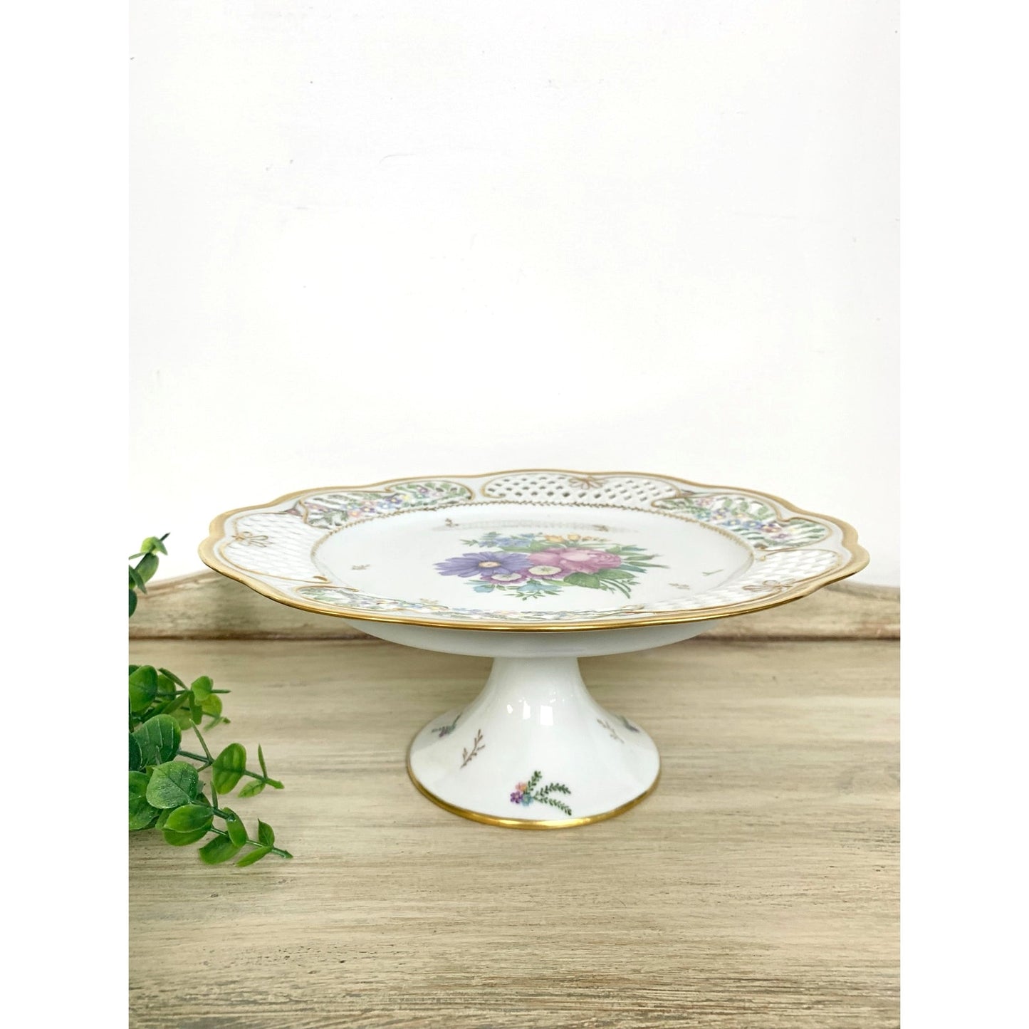 Vintage Pedestal Cake Stand Floral Hand Painted Porcelain Wedding Serving Cottage Shabby