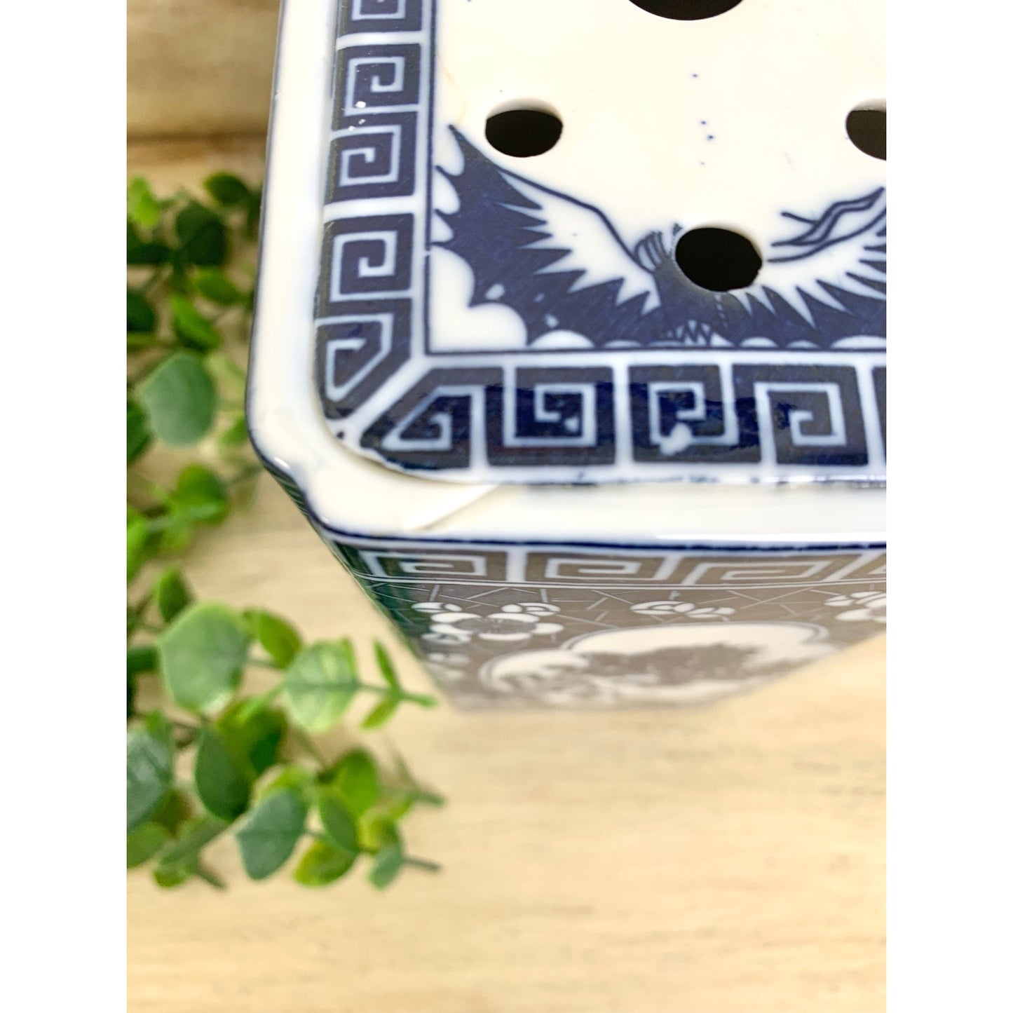 Vintage Chinoiserie Porcelain Flower Frog Blue White Foo Dog Vase Andrea by Sadek