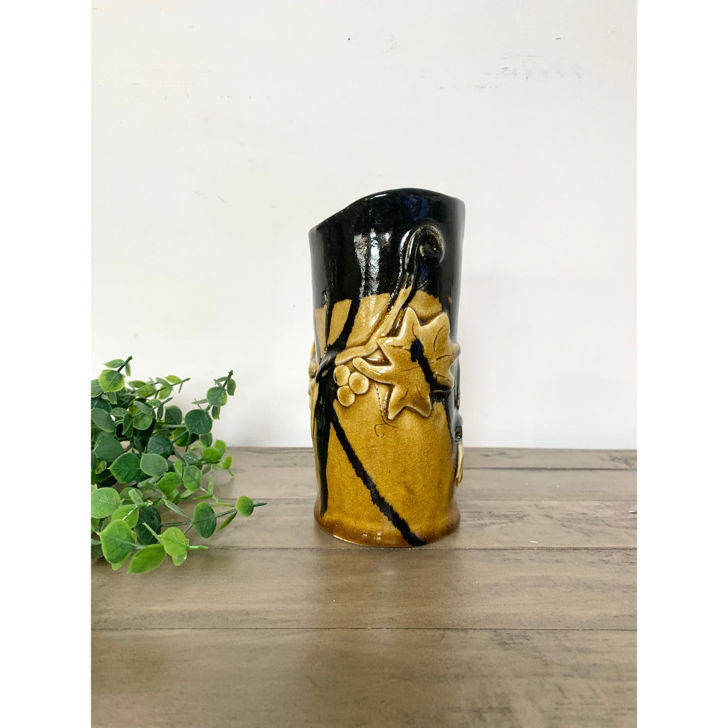 Vintage Black and Gold Ceramic Vase with Raised Vine and Leaf Design – Rustic Studio Pottery