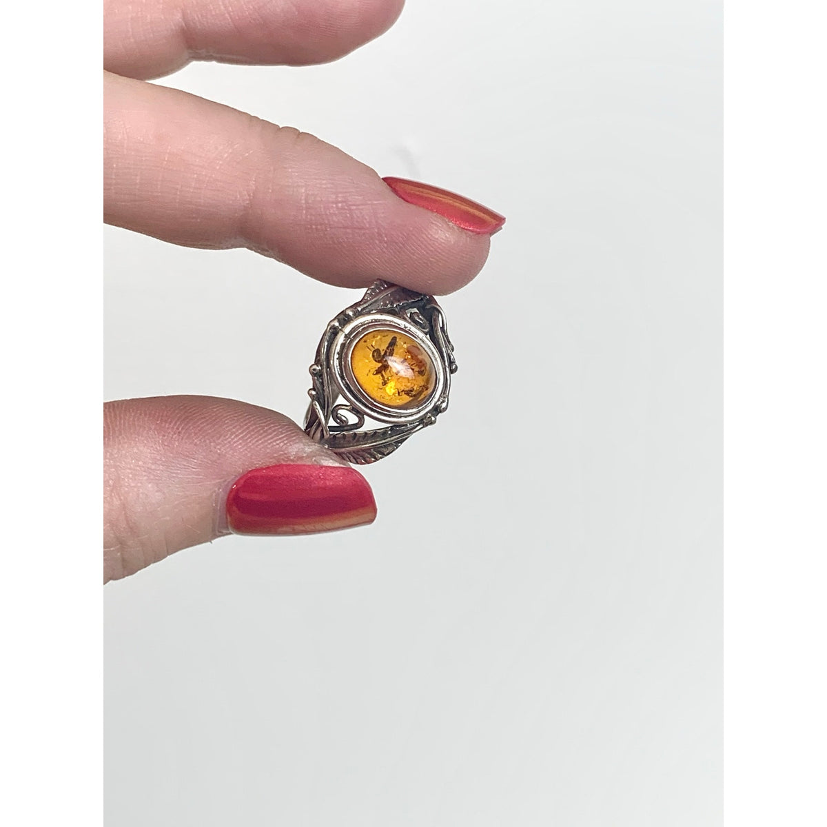 Vintage Sterling Silver Amber Ring Botanical Leaf Filigree Jewelry Boho Southwestern