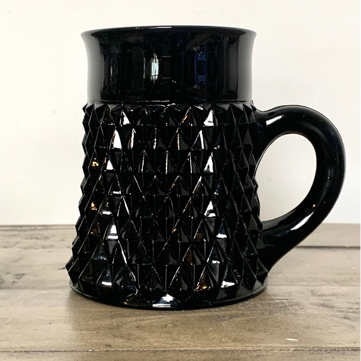 Vintage Indiana Glass Tiara Black Glass Mug with Diamond Point Mid Century Modern Coffee Cup Retro