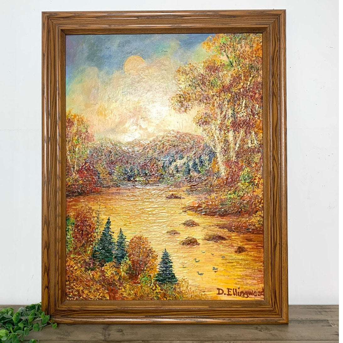 Vintage Oil Painting on Canvas by D. Ellingwood, Framed Autumn Landscape, 28x22