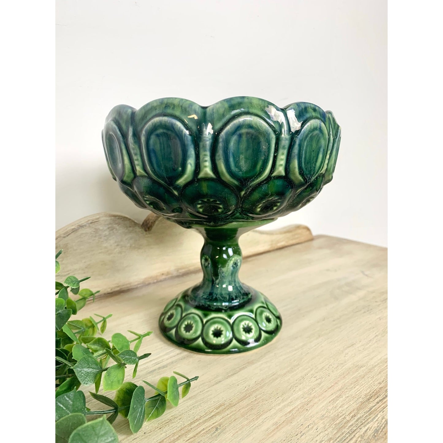 Vintage McCoy Pottery Compote Pedestal Bowl Green Teal Moon and Stars Mid Century