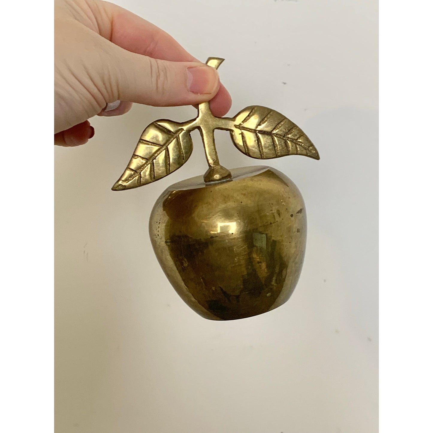 Vintage Brass Apple Bell Handmade India Leaf Handle Retro Fall Gold Teacher MCM
