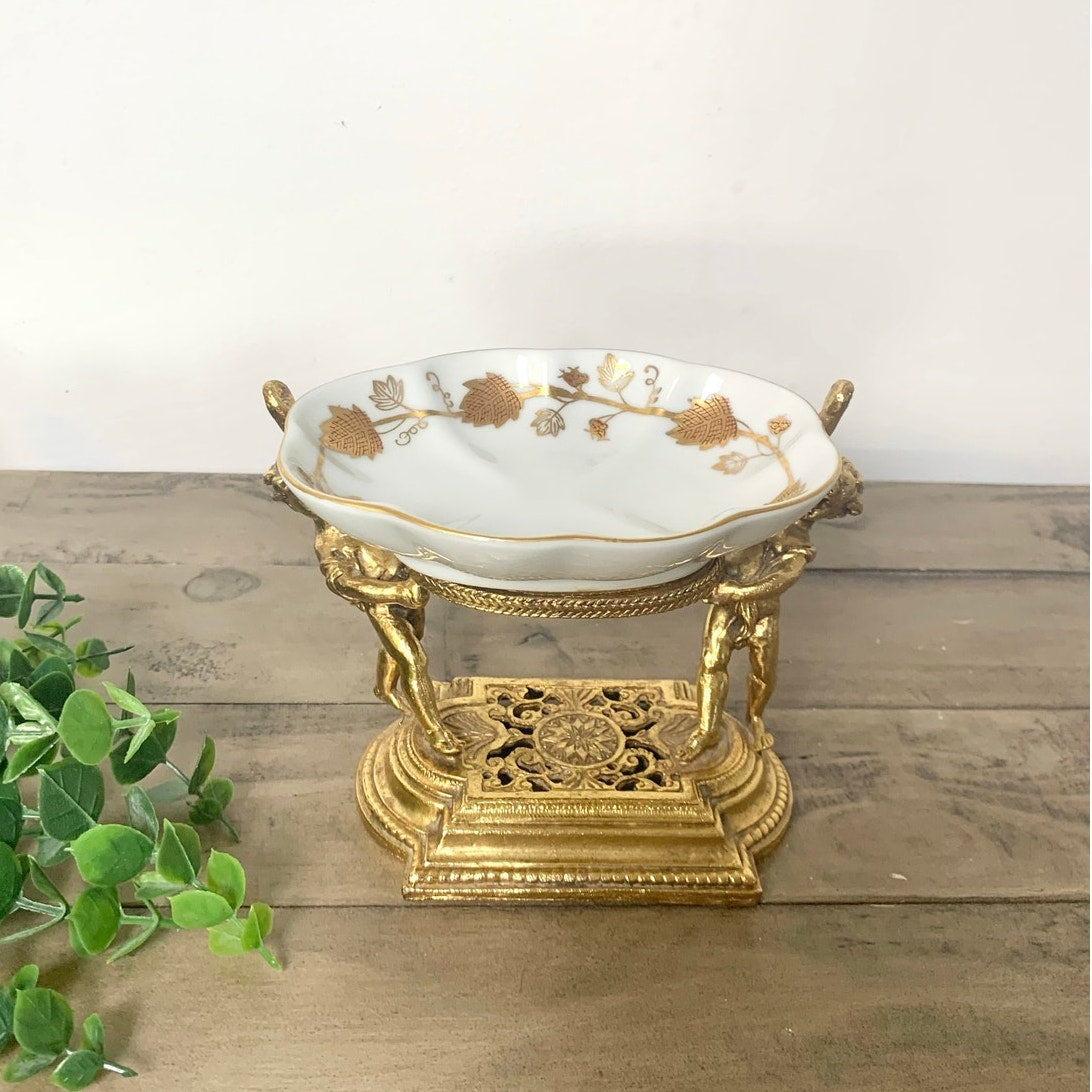 Vintage Gilded Ormolu Cherub Soap Dish Pedestal Catchall Bowl Hollywood Regency