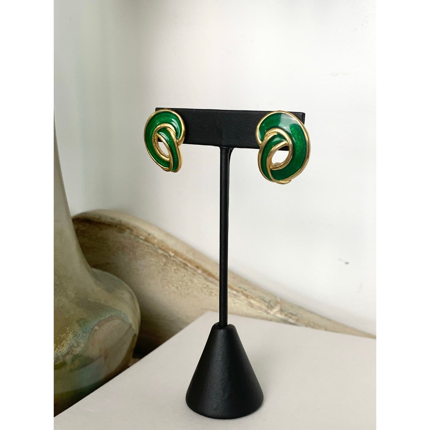 Vintage Green Enamel Goldtone Post Back Earrings Classic Jewelry Retro Glam