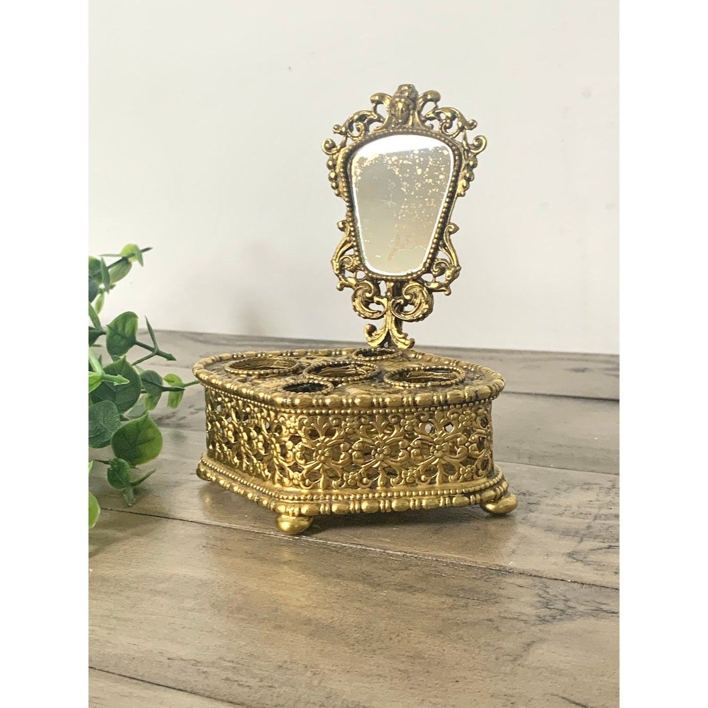 Vintage Ornate Gold Filigree Lipstick Holder Vanity Mirror Footed Hollywood Regency