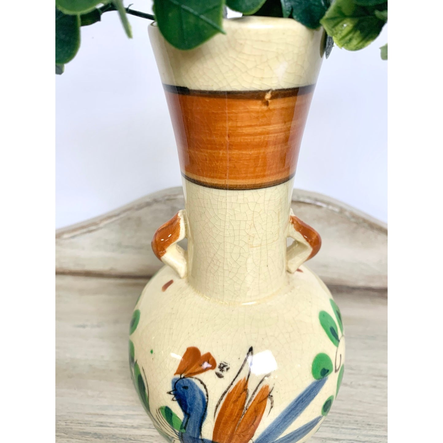Vintage Thura Satsuma Vase Japan Ho Ho Bird Hand Painted Phoenix Mid Century