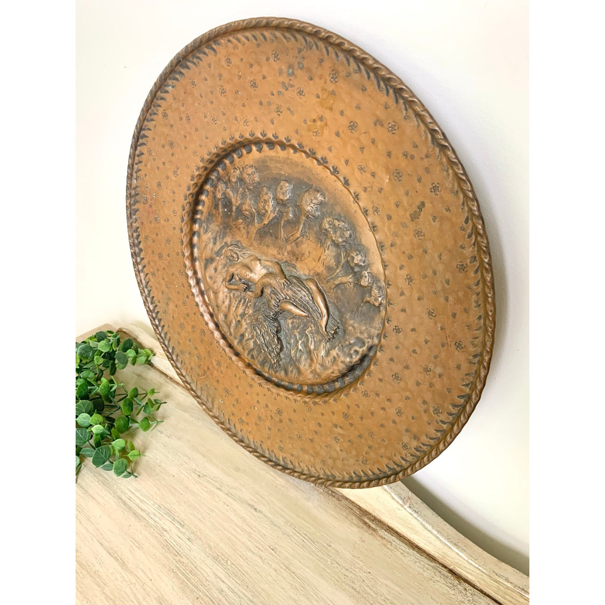 Vintage Copper Leda and Swan Repousse Wall Plaque Mythological Art Relief Scene