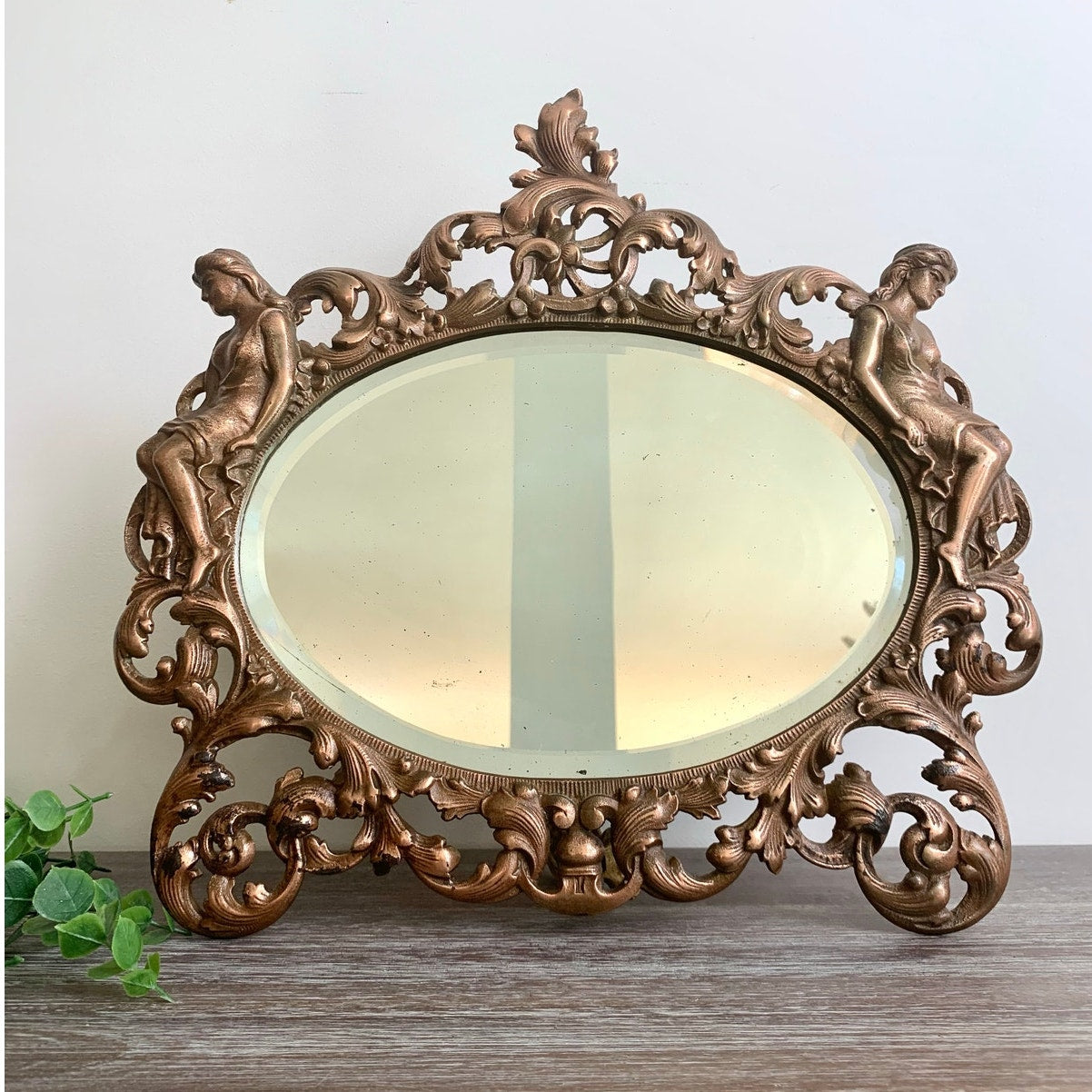 Vintage Art Nouveau Style Cast Iron Vanity Mirror with Kickstand Ornate Figural