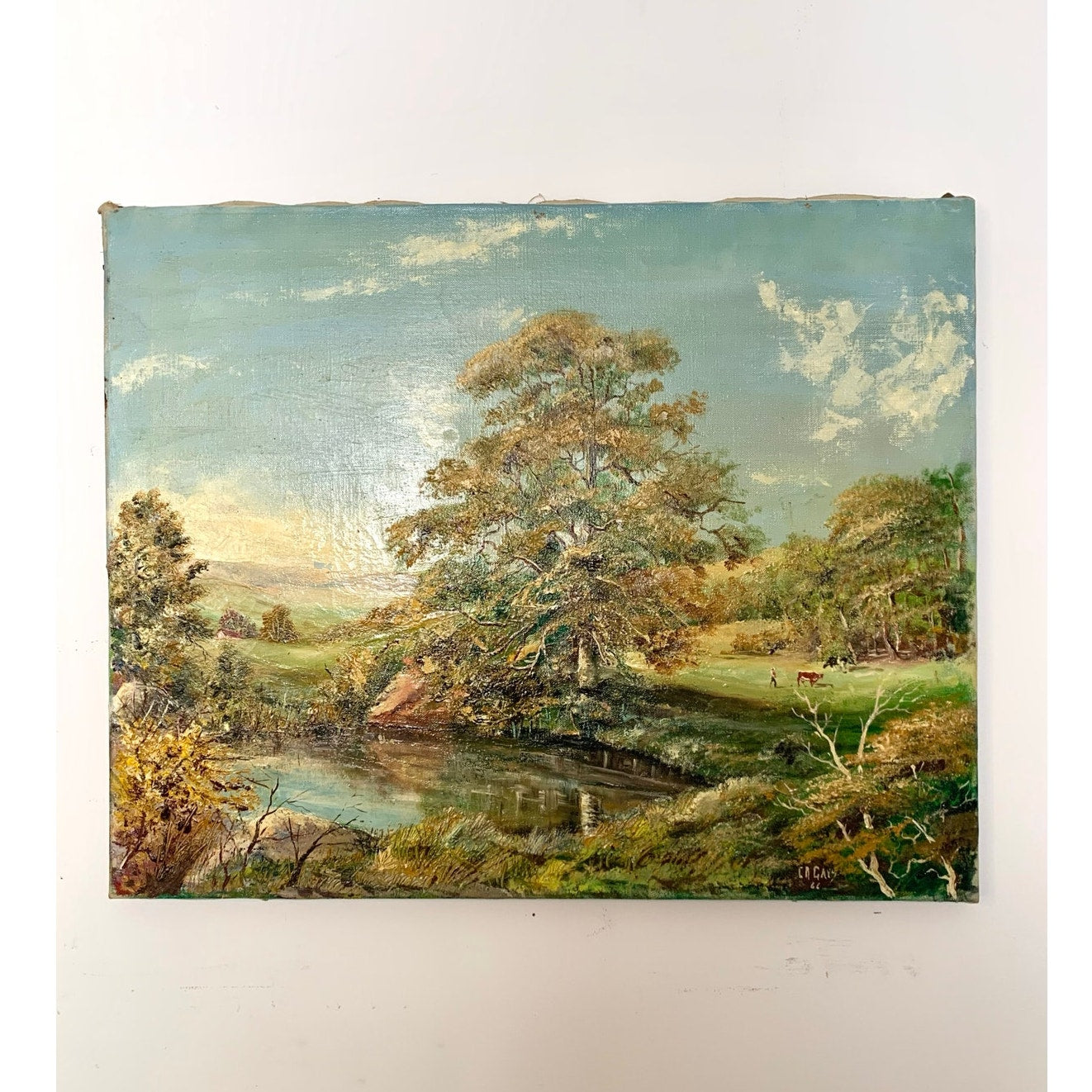Vintage 1966 Landscape Oil Painting on Canvas – Signed C.A. Gays – Mid Century Original Farm Scene with Tree & Pond