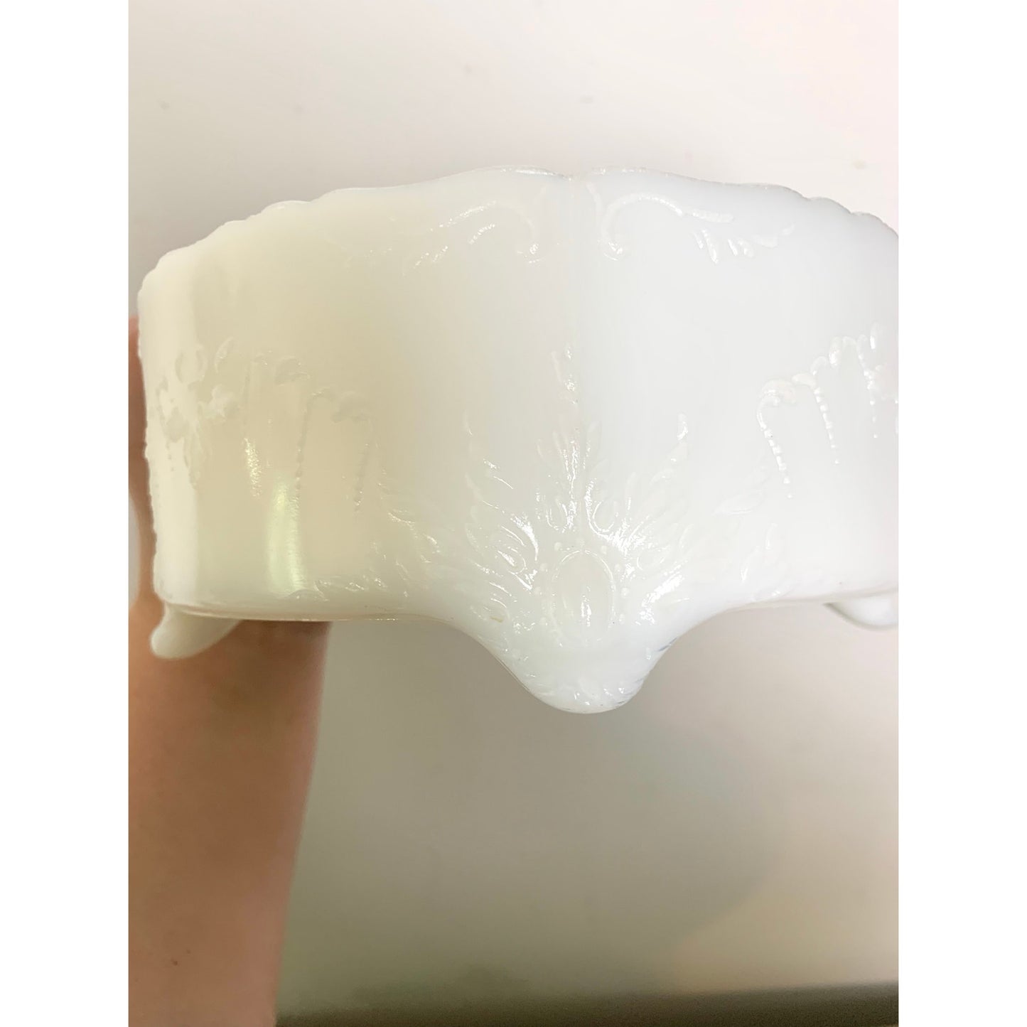 Vintage Milk Glass Footed Bowl Embossed White Centerpiece Dish Cottage Shabby