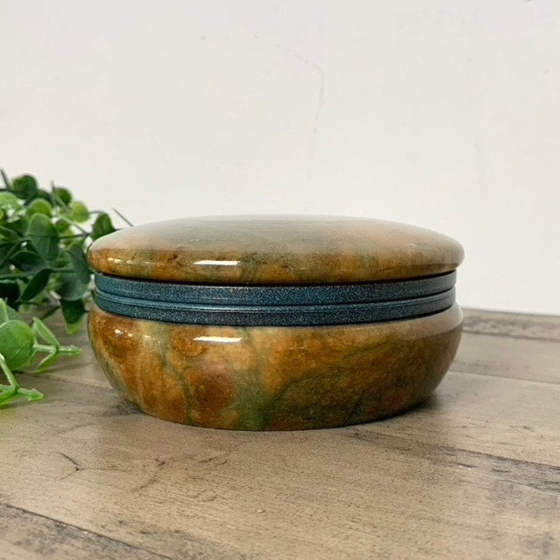 Vintage Alabaster Trinket Jewelry Box Hinged Earthy Green Brown Veining Stone